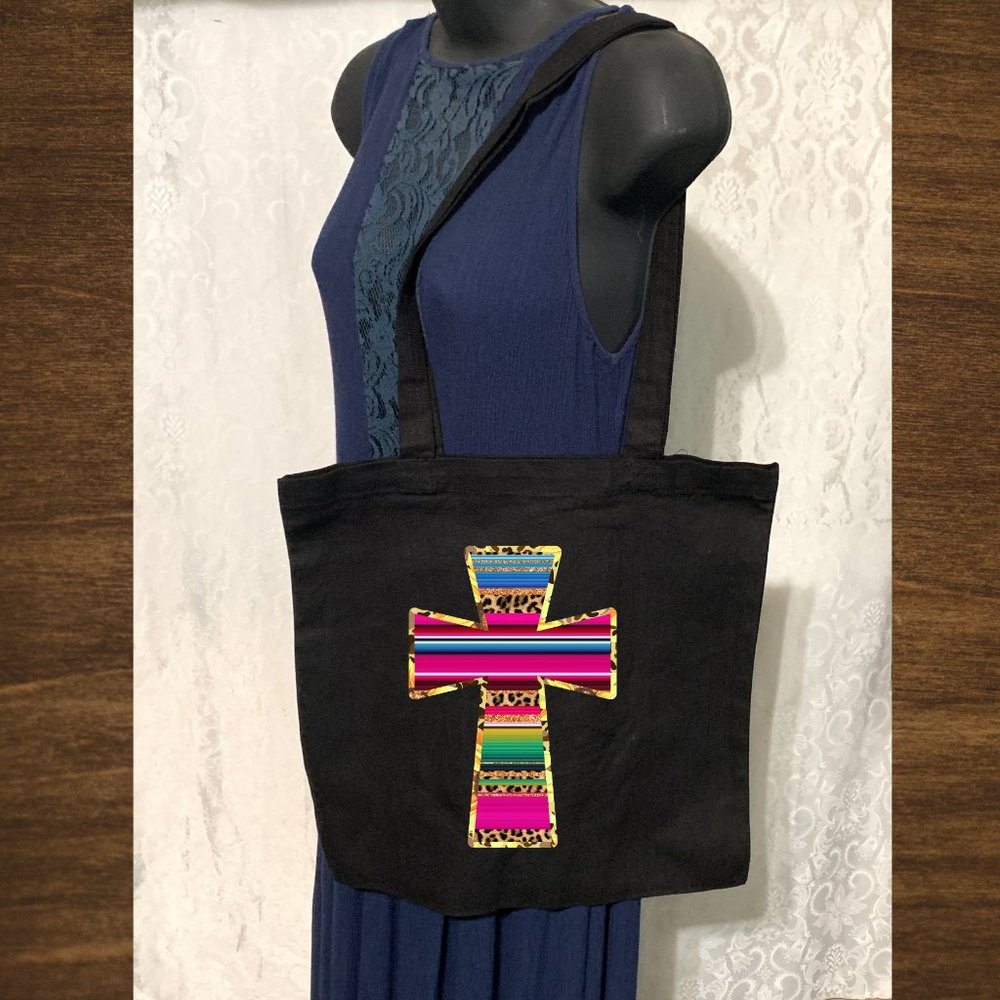 Sarape Cross Print Double Strap Shoulder Cotton Canvas Tote Bag